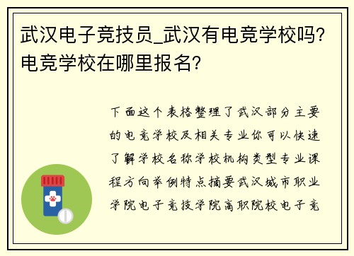 武汉电子竞技员_武汉有电竞学校吗？电竞学校在哪里报名？